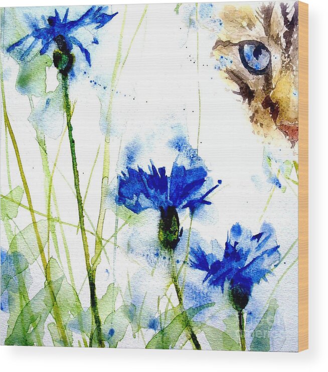 Tabby Wood Print featuring the painting Cat in the cornflowers by Paul Lovering