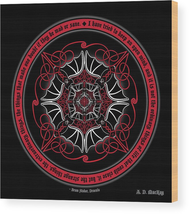 Celtic Art Wood Print featuring the digital art Celtic Vampire Bat Mandala by Celtic Artist Angela Dawn MacKay