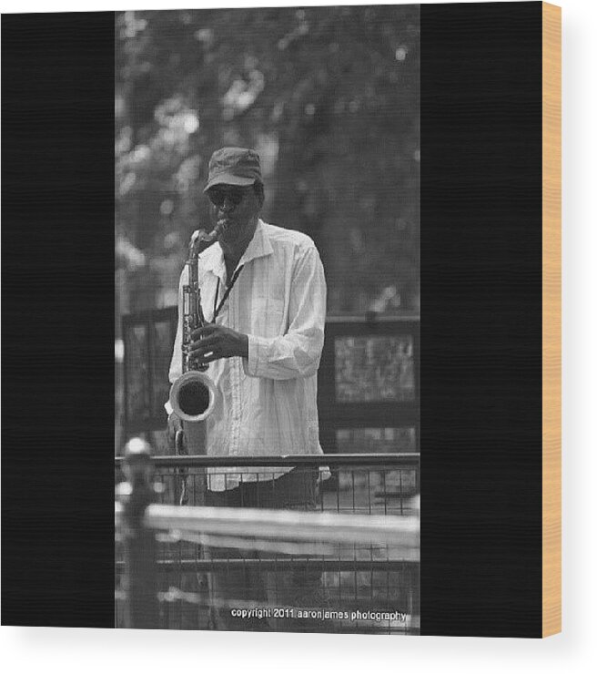 Black And White Wood Print featuring the photograph Central Park Sax by Aaron Kremer