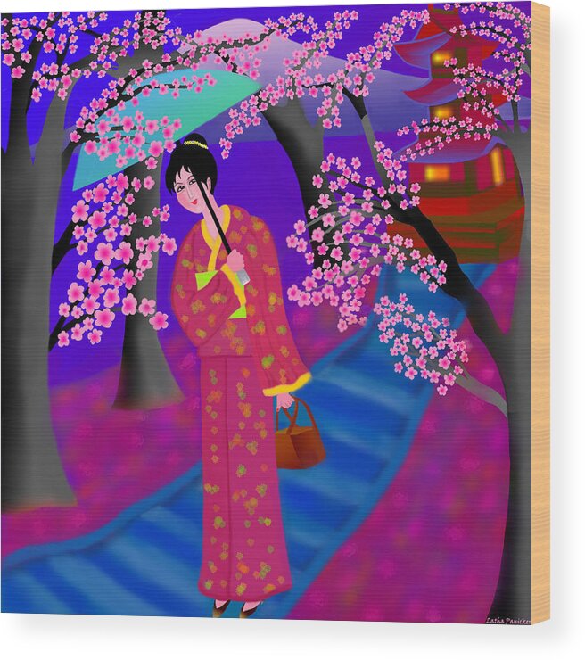 Cherry Blossoms Painting Wood Print featuring the digital art Cherry Blossoms by Latha Gokuldas Panicker