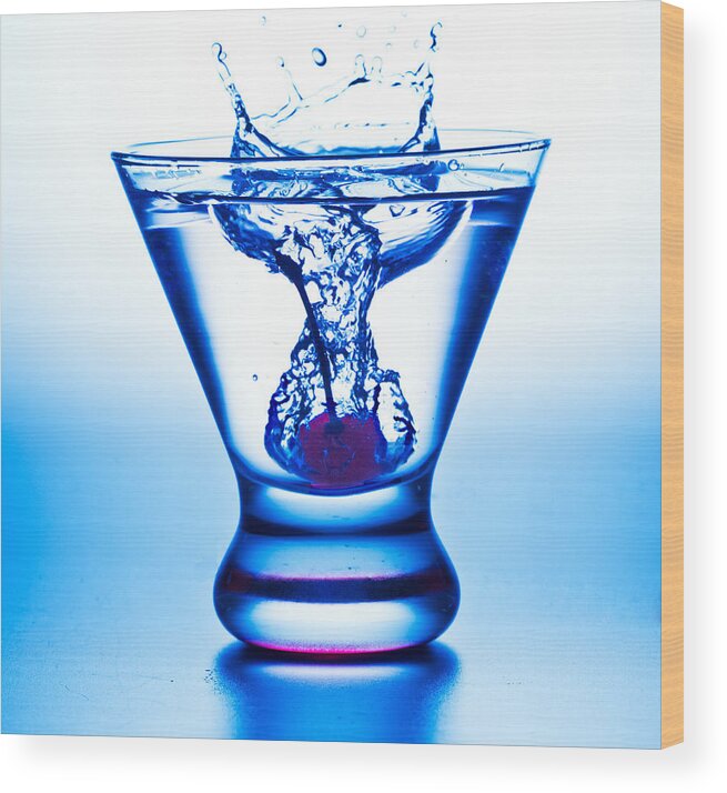 Alcohol Wood Print featuring the photograph Cherry Splash with Blue Over-Tones by John Hoey