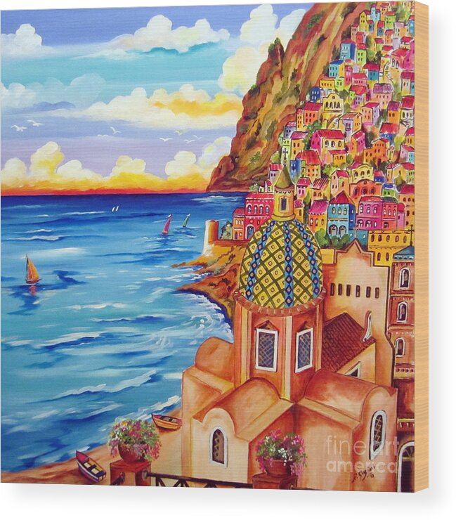 Positano Wood Print featuring the painting Chiesa a POSITANO by Roberto Gagliardi