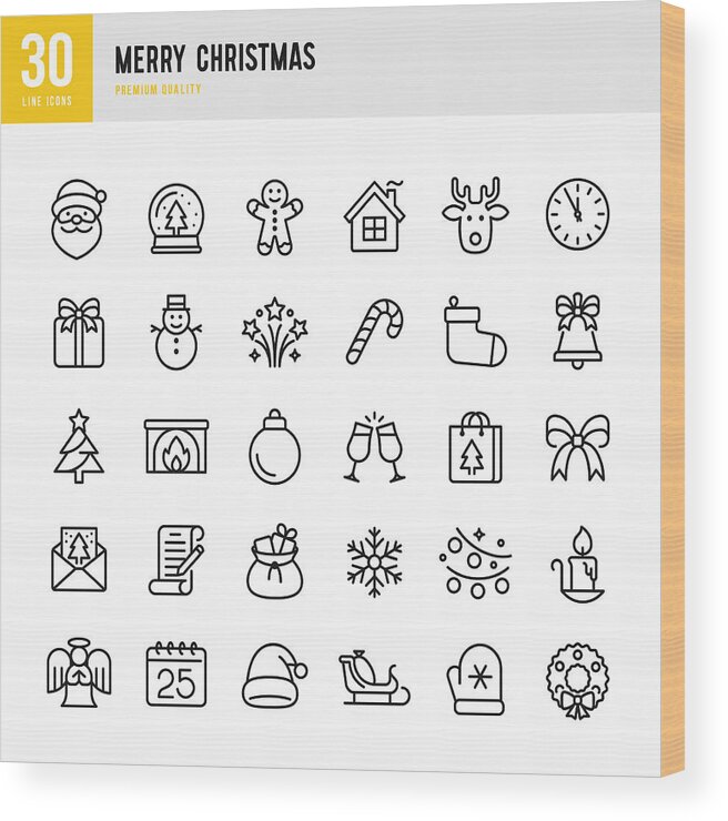 Stroking Wood Print featuring the drawing Christmas - thin line vector icon set. Pixel Perfect. Set contains such icons as Santa Claus, Christmas, Gift, Reindeer, Christmas Tree, Snowflake. by Fonikum