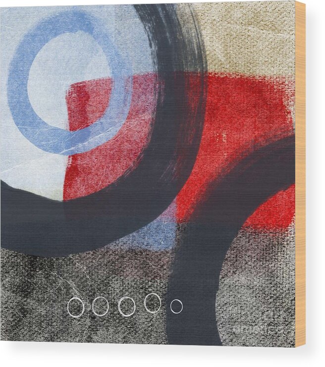 Circles Abstract Blue Red White Grey Gray Black Tan Brown Painting Shapes Geometric Abstract Shapes Abstract Circles Contemporary Office Lobby Studio Abstract Circles Art Ocean Sky Textured Abstract Bedroom Living Room Wood Print featuring the painting Circles 1 by Linda Woods