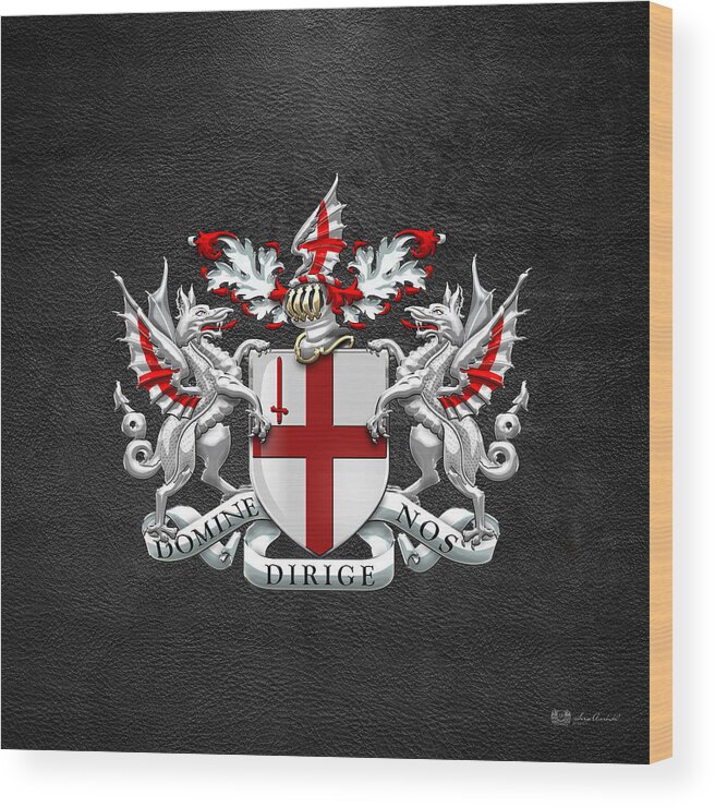 'cities Of The World' Collection By Serge Averbukh Wood Print featuring the digital art City of London - Coat of Arms over Black Leather by Serge Averbukh