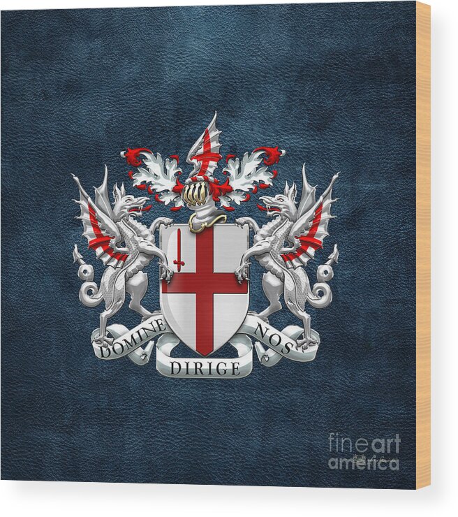 'cities Of The World' Collection By Serge Averbukh Wood Print featuring the digital art City of London - Coat of Arms over Blue Leather by Serge Averbukh