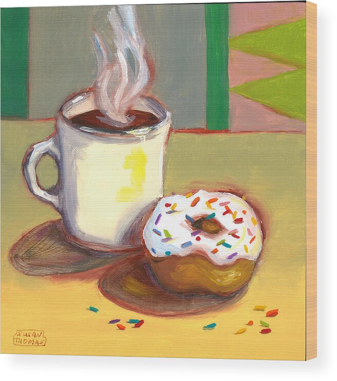 Coffee Wood Print featuring the painting Coffee and Donut by Susan Thomas