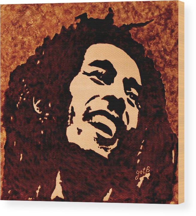 Bob Marley Pop Art Coffee Painting On Paper Wood Print featuring the painting Coffee painting Bob Marley by Georgeta Blanaru