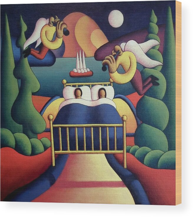 Couple Wood Print featuring the painting Couple in bed in landscape with angels by Alan Kenny