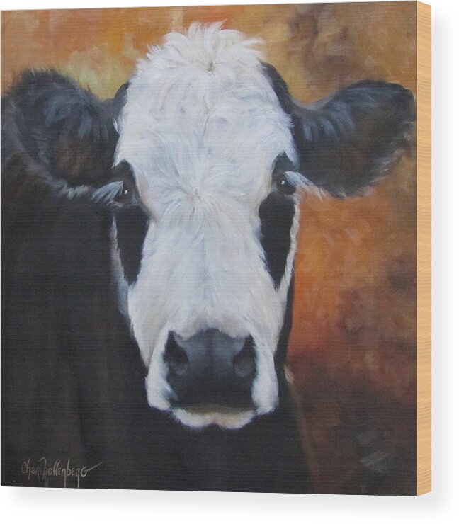 Black And White Wood Print featuring the painting Cow Painting - Tess by Cheri Wollenberg
