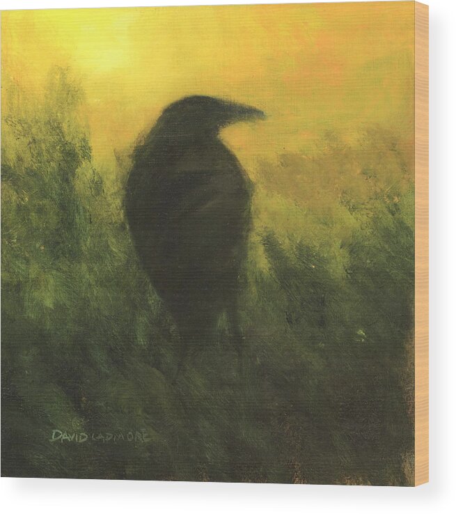 Crow Wood Print featuring the painting Crow 5 by David Ladmore