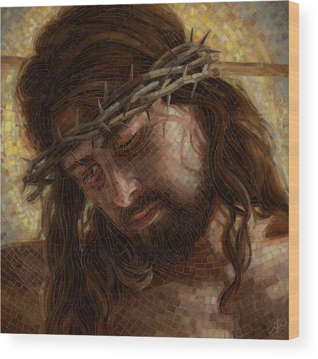 Jesus Wood Print featuring the painting Crown of Thorns Glass Mosaic by Mia Tavonatti