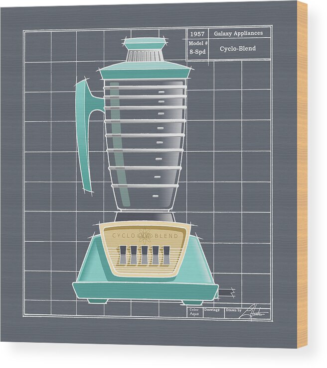 Mid Century Wood Print featuring the drawing Cyclo-Blend - aqua by Larry Hunter