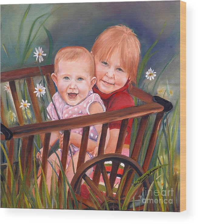 Portraits Wood Print featuring the painting Daisy - Portrait - Girls in Wagon by Jan Dappen