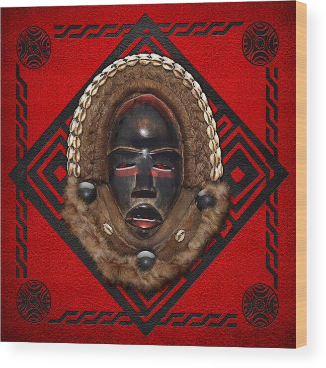 'treasures Of Africa' Collection By Serge Averbukh Wood Print featuring the digital art Dean Gle Mask by Dan People of the Ivory Coast and Liberia on Red Leather by Serge Averbukh