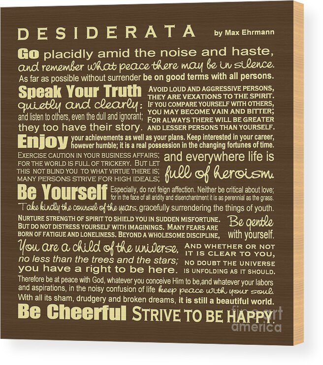 Desiderata Wood Print featuring the digital art Desiderata - Brown by Ginny Gaura