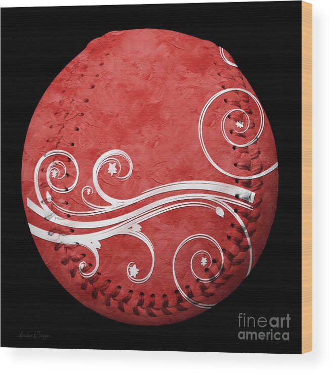 Baseball Wood Print featuring the photograph Designer Red Baseball Square by Andee Design