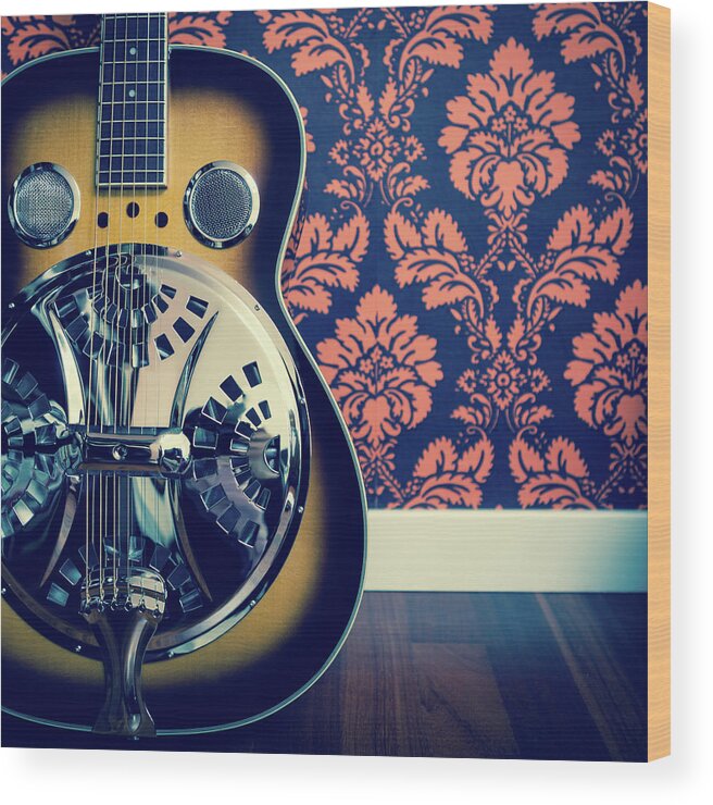 Rock Music Wood Print featuring the photograph Detail Of Resonator Guitar And Damask by Naphtalina