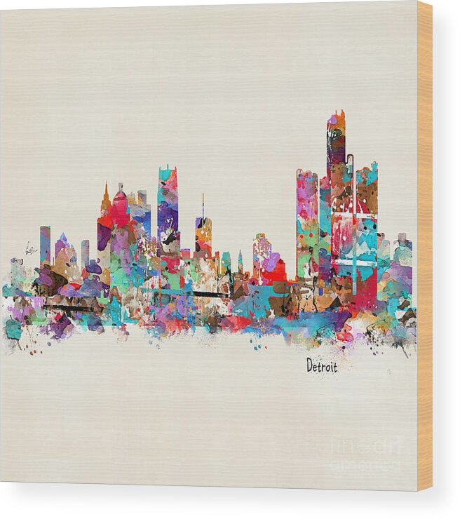 Detroit Michigan Skyline Wood Print featuring the painting Detroit Michigan Skyline Square by Bri Buckley