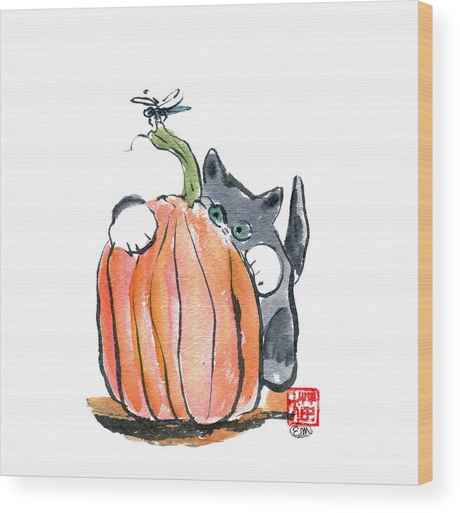 Pumpkin Wood Print featuring the painting Dragonfly leads Kitten through Pumpkin Patch by Ellen Miffitt