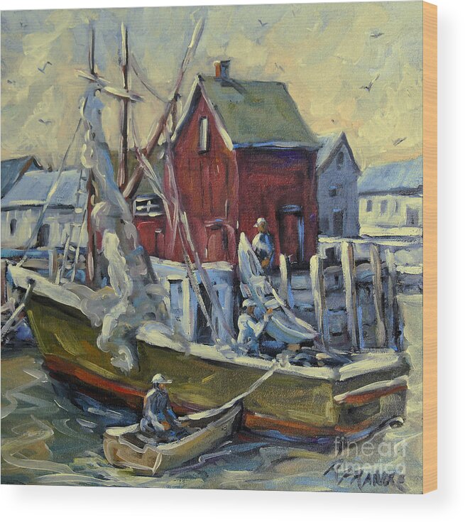 Seascape Wood Print featuring the painting Drying the Nets Motif I by Prankears by Richard T Pranke