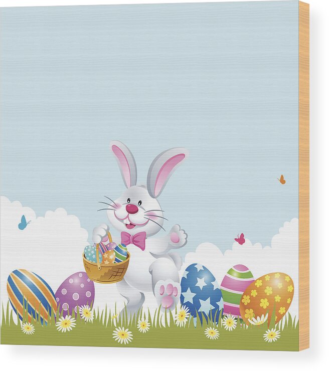 Easter Bunny Wood Print featuring the drawing Easter Rabbit Palying Easter Egg Hunt by Exxorian