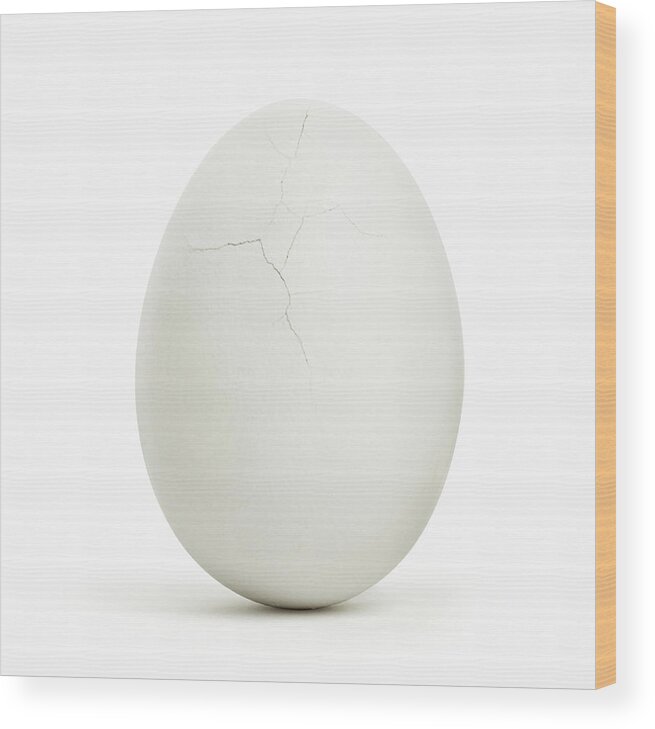 White Background Wood Print featuring the photograph Egg, cracks on surface, close up by Lauren Nicole