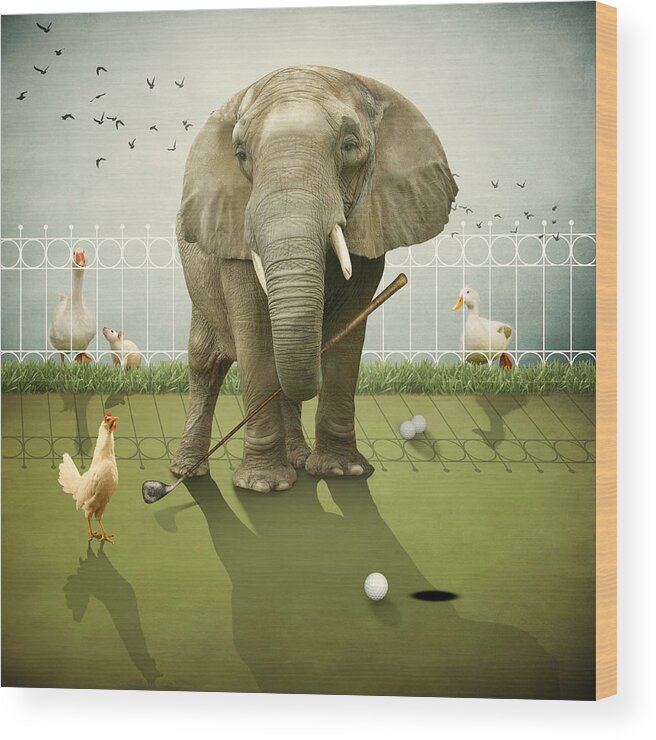 Elephant Wood Print featuring the photograph Elephant Playing Golf by Ethiriel Photography