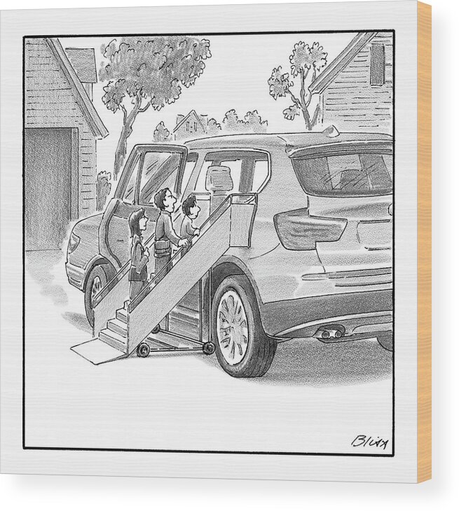 Captionless Wood Print featuring the drawing Family Entering Their Suv With The Aid Of A Large by Harry Bliss