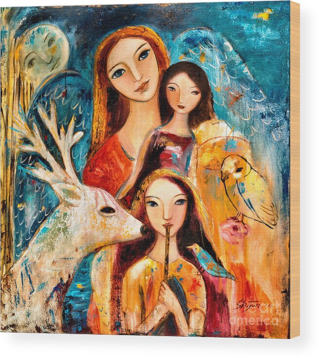 Mother And Child Wood Print featuring the painting Family with Reindeer by Shijun Munns