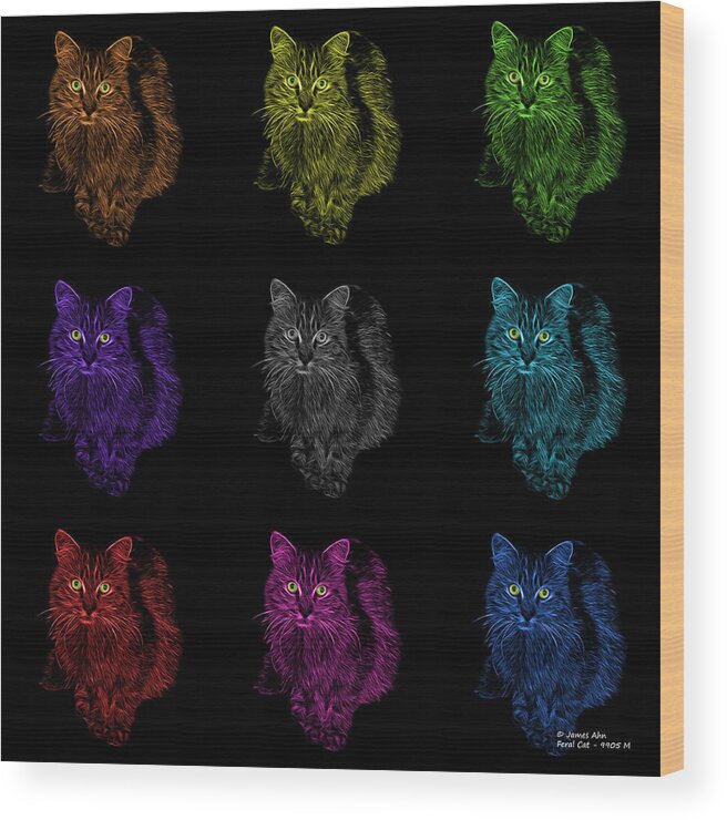 Cat Wood Print featuring the digital art Feral Cat Pop Art - 9905 F M - BB by James Ahn