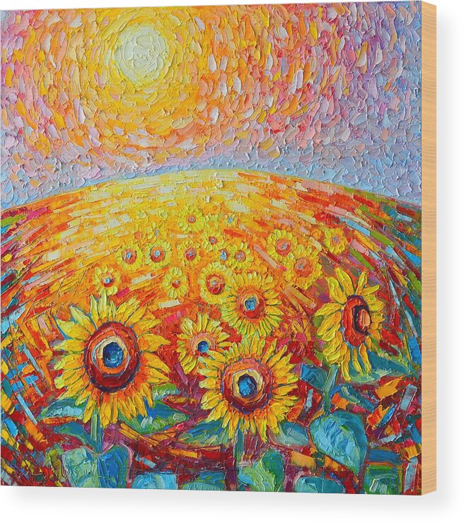 Sunflower Wood Print featuring the painting Fields Of Gold - Abstract Landscape With Sunflowers In Sunrise by Ana Maria Edulescu