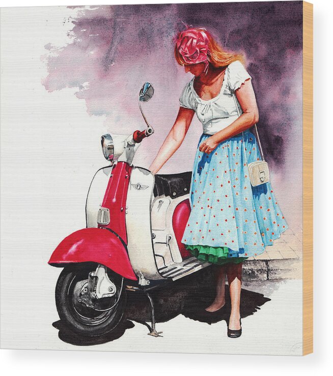 Girl Wood Print featuring the painting Fifties Lambretta Girl by Peter Williams