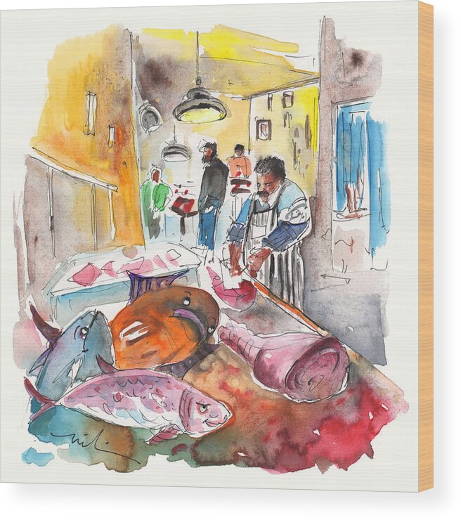 Travel Wood Print featuring the painting Fish Shop in Siracusa by Miki De Goodaboom
