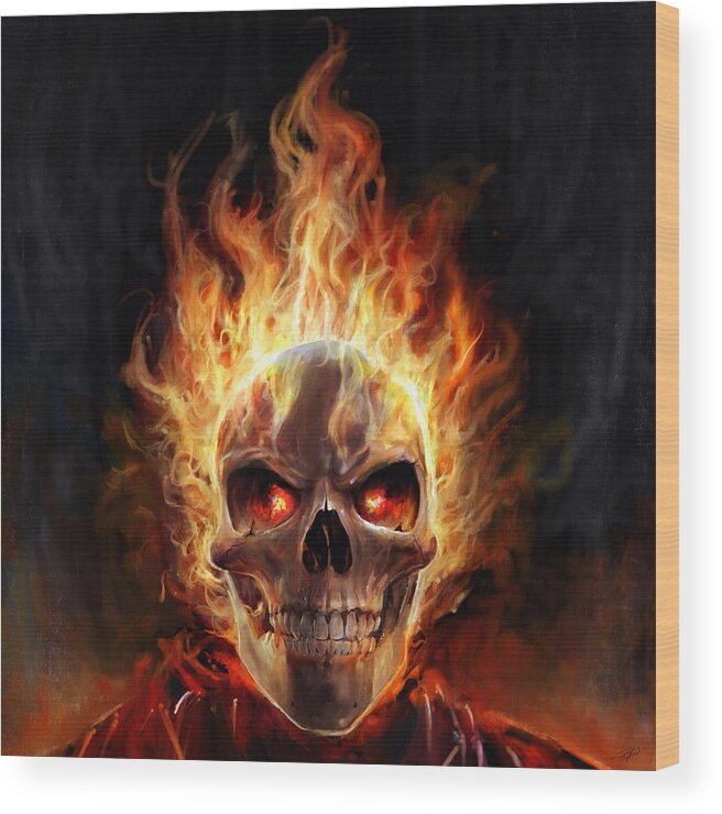 Flames Wood Print featuring the digital art Flaming Skull by Steve Goad
