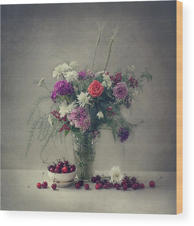 Still Life Wood Print featuring the photograph Flowers And Cherries by Dimitar Lazarov -