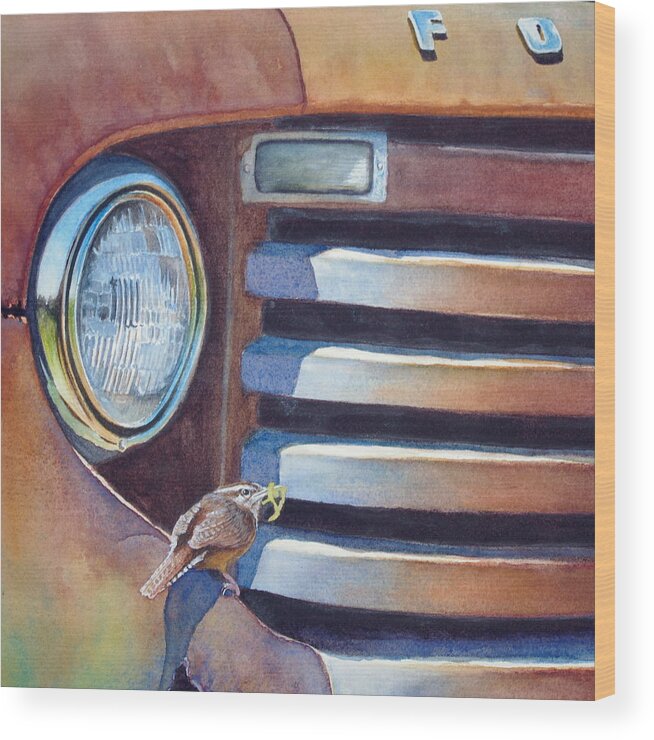 Old Truck Wood Print featuring the painting Ford and Wren by Greg and Linda Halom