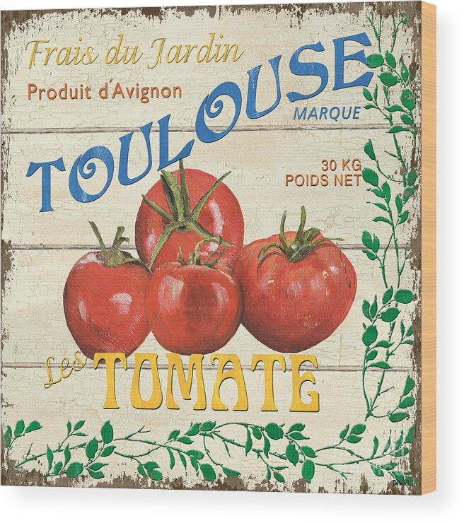 Tomatoes Wood Print featuring the painting French Veggie Sign 3 by Debbie DeWitt