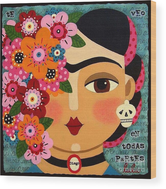 Frida Wood Print featuring the painting Frida Kahlo with Flowers and Skull by Andree Chevrier