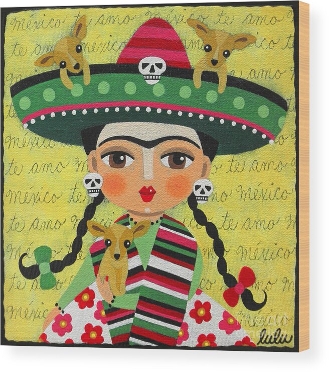 Frida Wood Print featuring the painting Frida Kahlo with Sombrero and Chihuahuas by Andree Chevrier