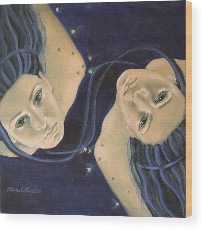 Constellation Wood Print featuring the painting Gemini from Zodiac series by Dorina Costras