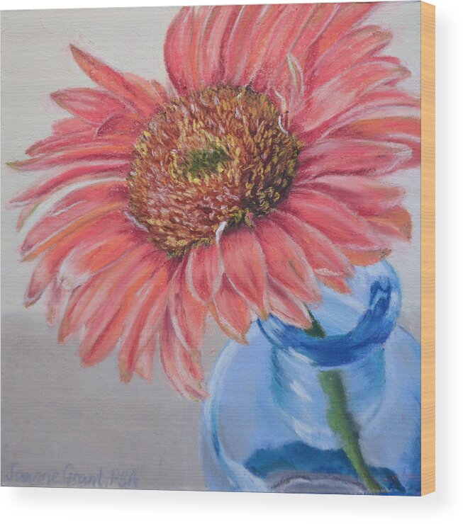 Gerbera Wood Print featuring the painting Gerbera Daisy with Blue Glass by Joanne Grant