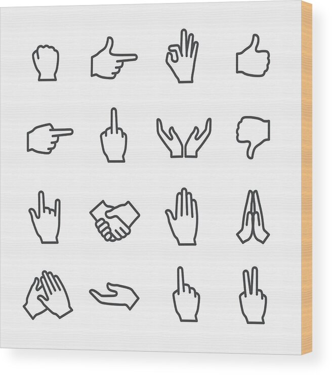 Fist Wood Print featuring the drawing Gesture Icons Set - Line Series by -victor-