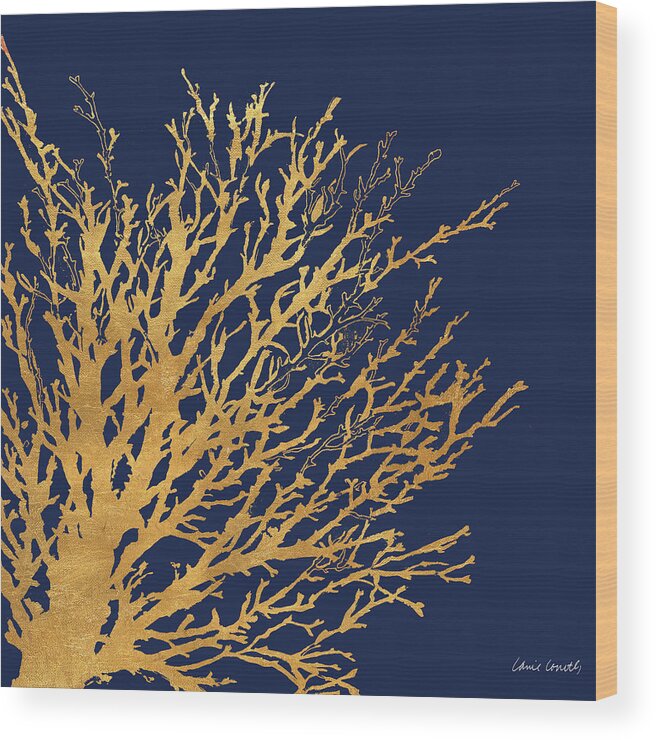 Gold Wood Print featuring the mixed media Gold Medley On Navy by Lanie Loreth