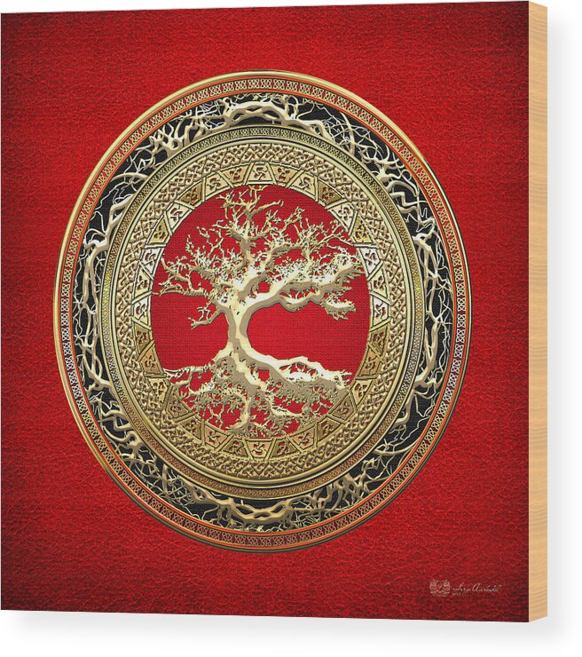‘celtic Treasures’ Collection By Serge Averbukh Wood Print featuring the digital art Golden Celtic Tree of Life by Serge Averbukh