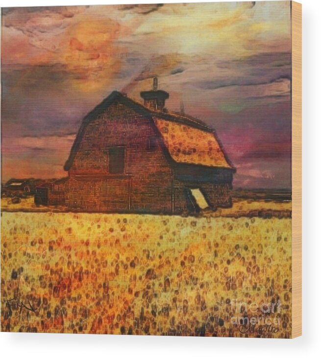 Golden Wheat Sunset Barn Painting Wood Print featuring the painting Golden Wheat Sunset Barn by PainterArtist FIN