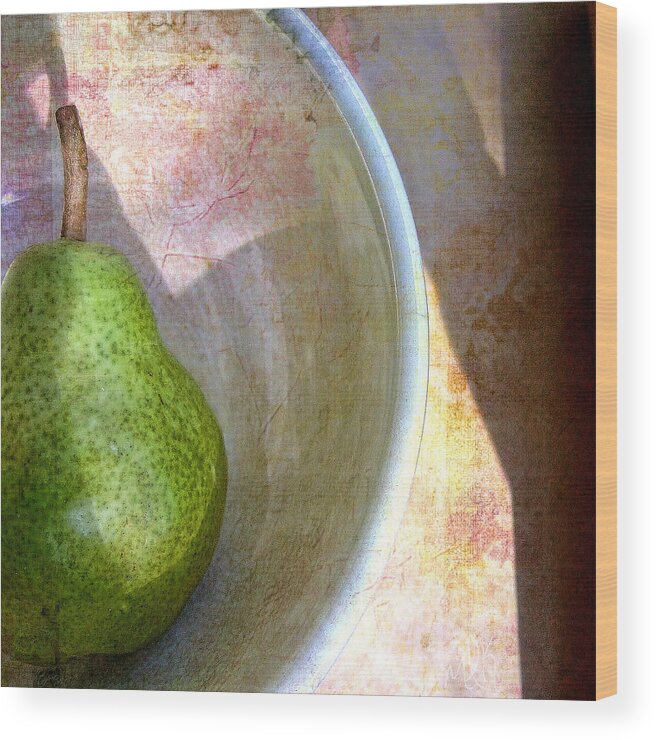 Fruit Wood Print featuring the photograph Green Pear with Flowered Background Still Life by Louise Kumpf