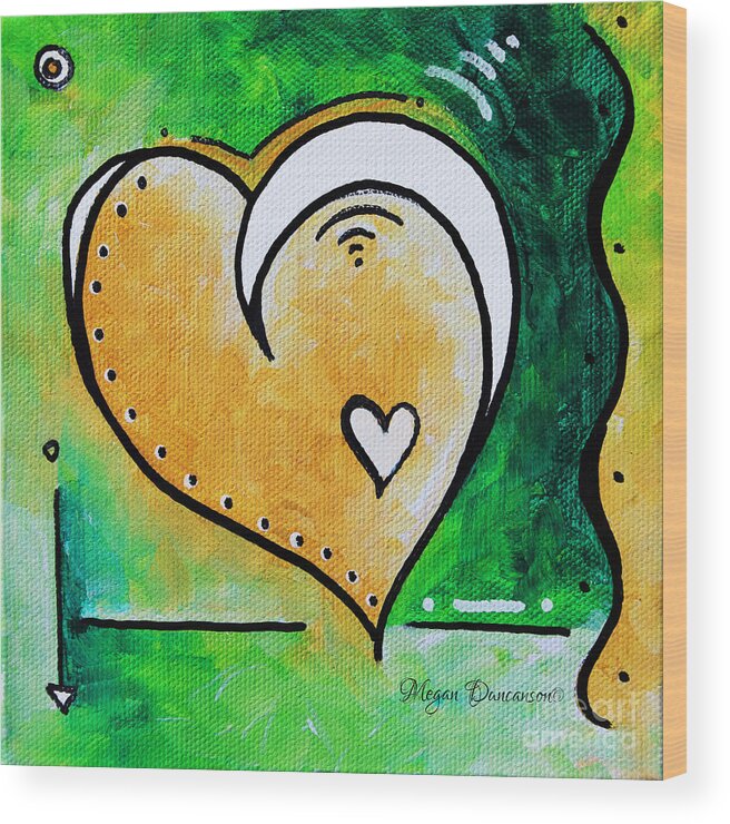 Green Wood Print featuring the painting Green Yellow Heart Love Painting Pop Art Peace by Megan Duncanson by Megan Aroon