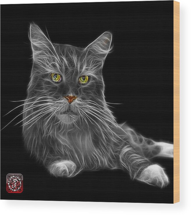 Cat Wood Print featuring the painting Greyscale Maine Coon Cat - 3926 - BB by James Ahn