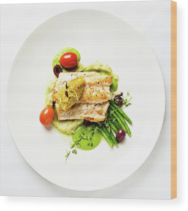 White Background Wood Print featuring the photograph Grilled Fish With Lentil Puree And by Rapideye